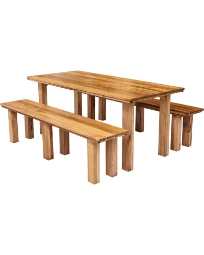 1.8m Dining Table BenchSet - Rustic Wood Stained 4-leg